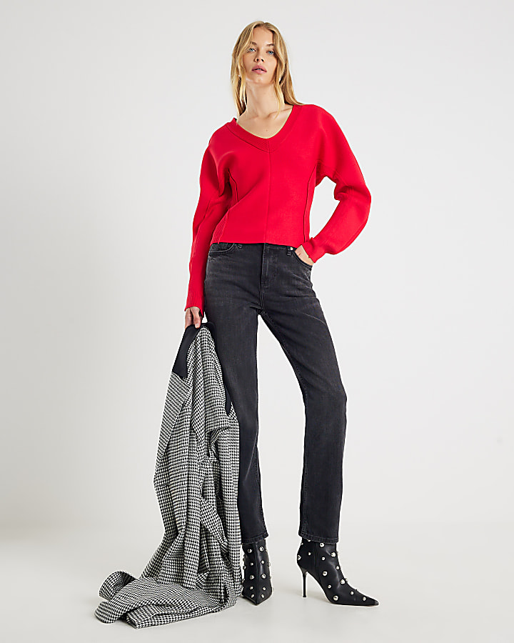 Red Structured Sleeve Knitted Top