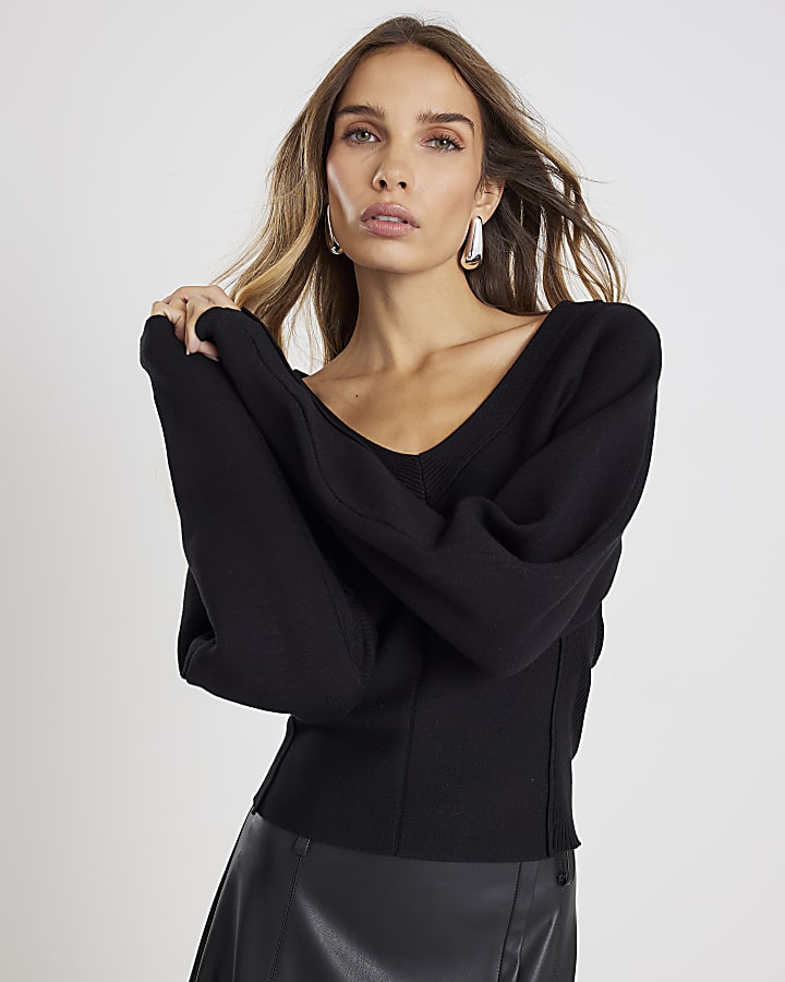 Black Knitted Structured Long Sleeve Top
