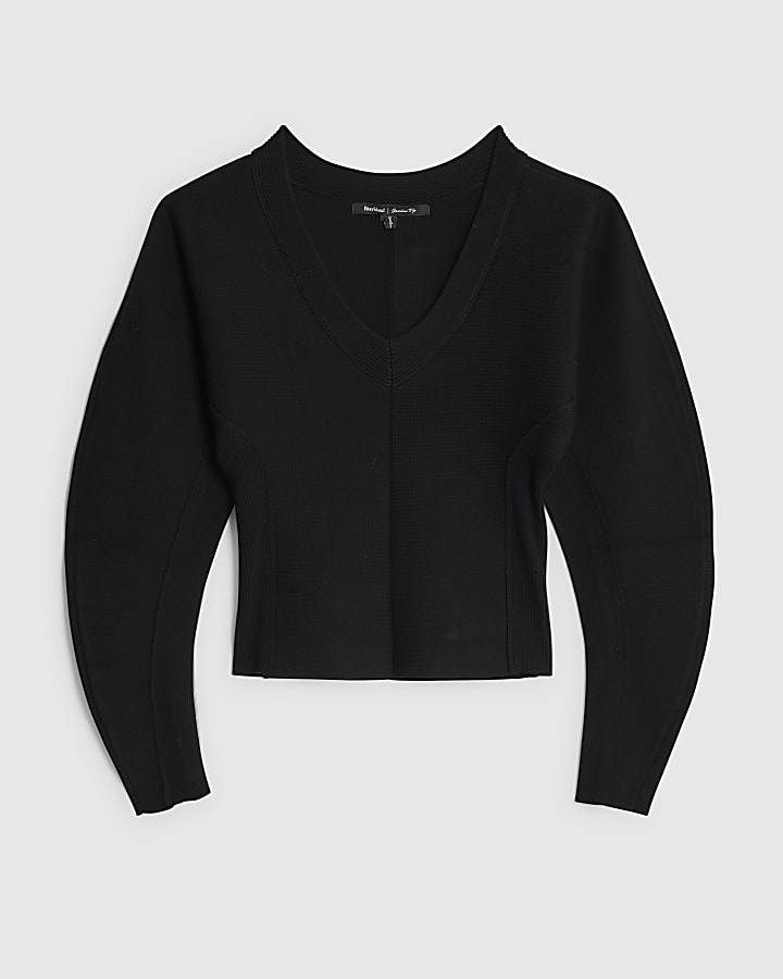 Black Knitted Structured Long Sleeve Top