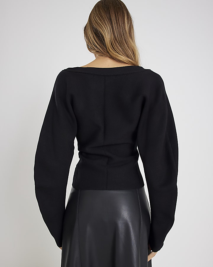 Black Knitted Structured Long Sleeve Top