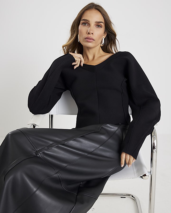 Black Knitted Structured Long Sleeve Top