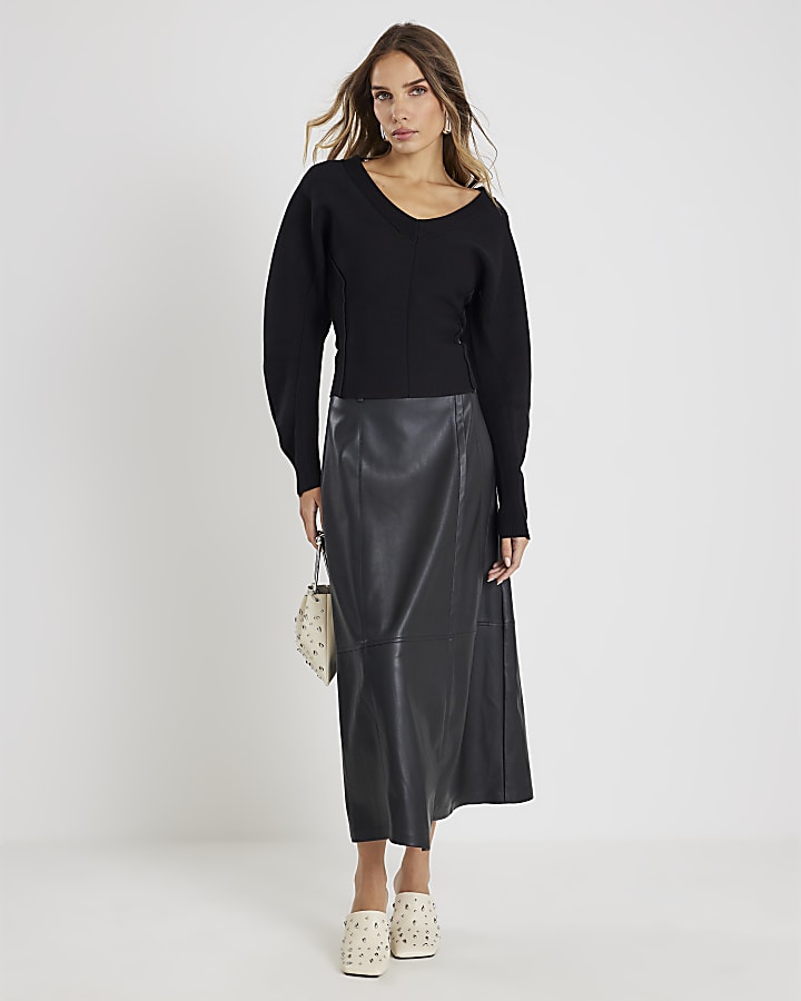 Black Knitted Structured Long Sleeve Top