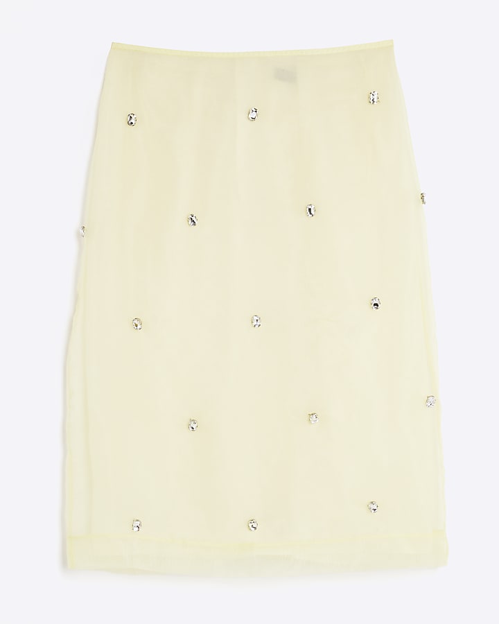 Yellow Organza Embellished Pencil Skirt