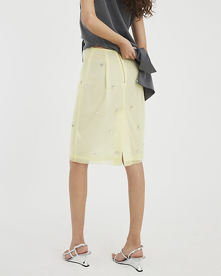 Yellow Organza Embellished Pencil Skirt