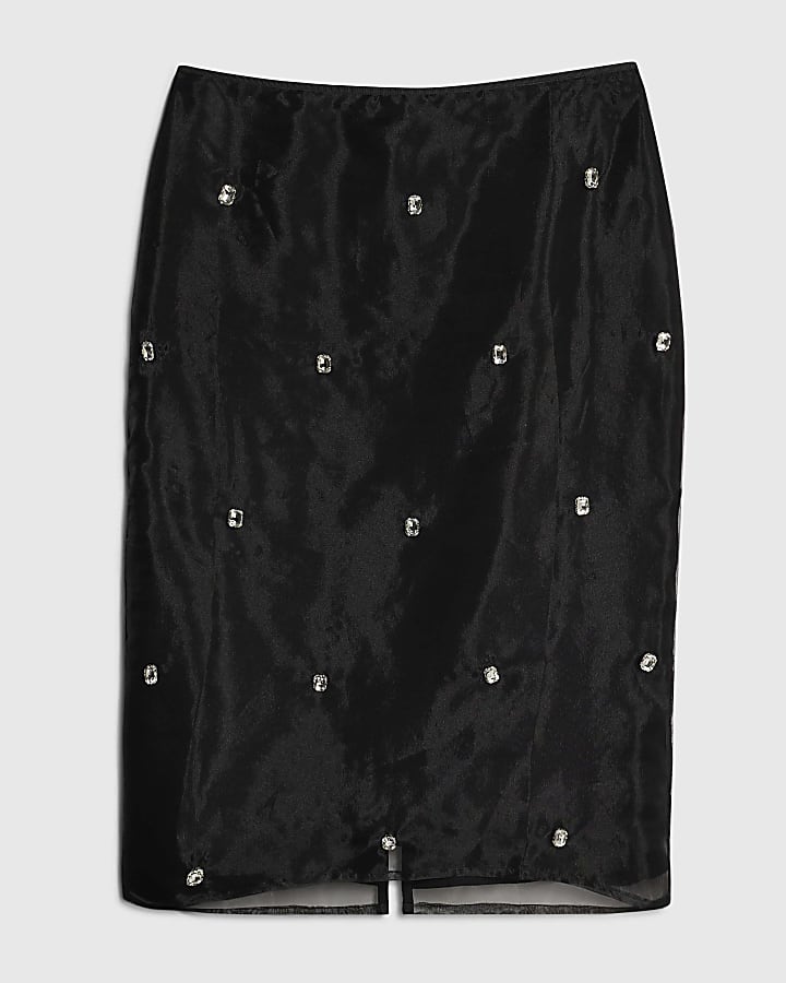 Black Organza Embellished Midi Skirt