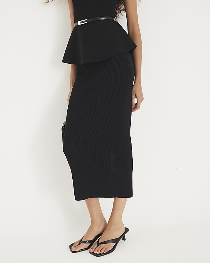 Black Knit Ribbed Midi Skirt