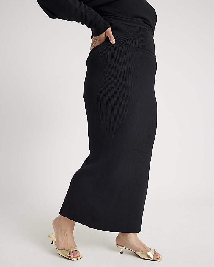 Black Knit Ribbed Midi Skirt