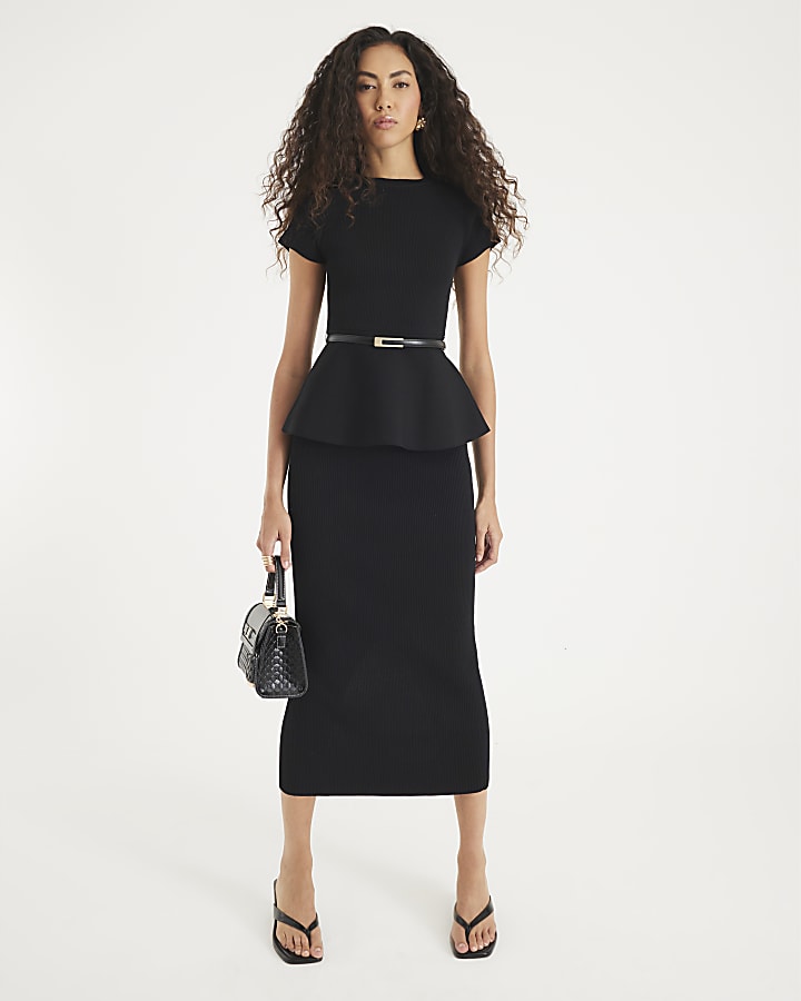 Black Knit Ribbed Midi Skirt