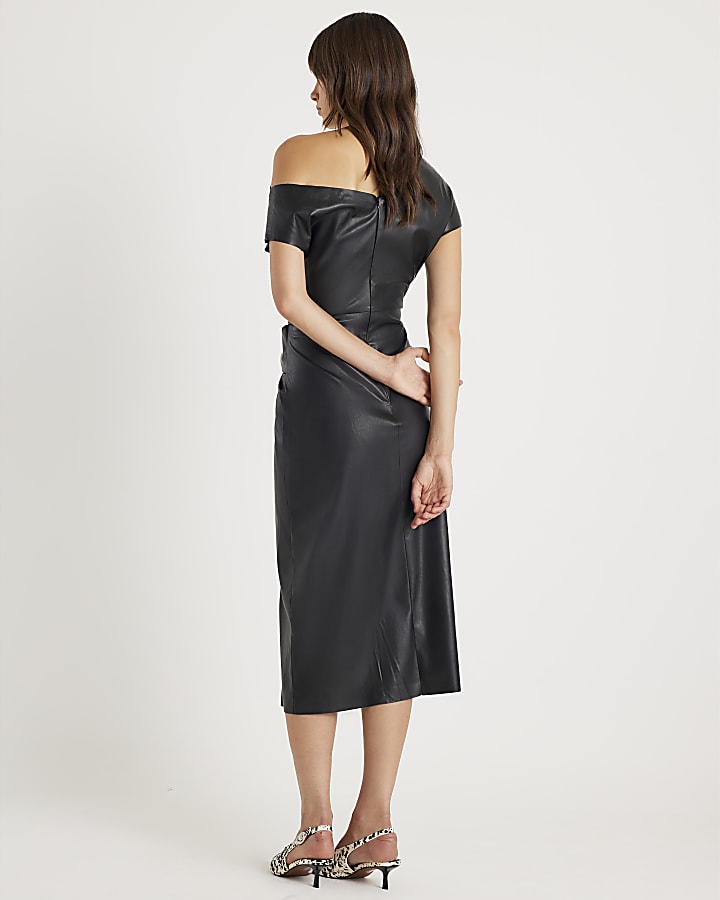Black Faux Leather Draped Knot Midi Dress