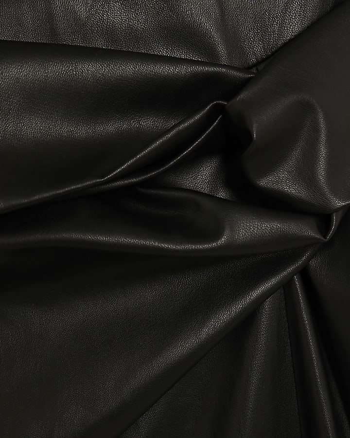 Black Faux Leather Draped Knot Midi Dress