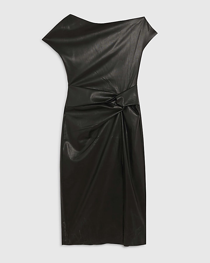 Black Faux Leather Draped Knot Midi Dress