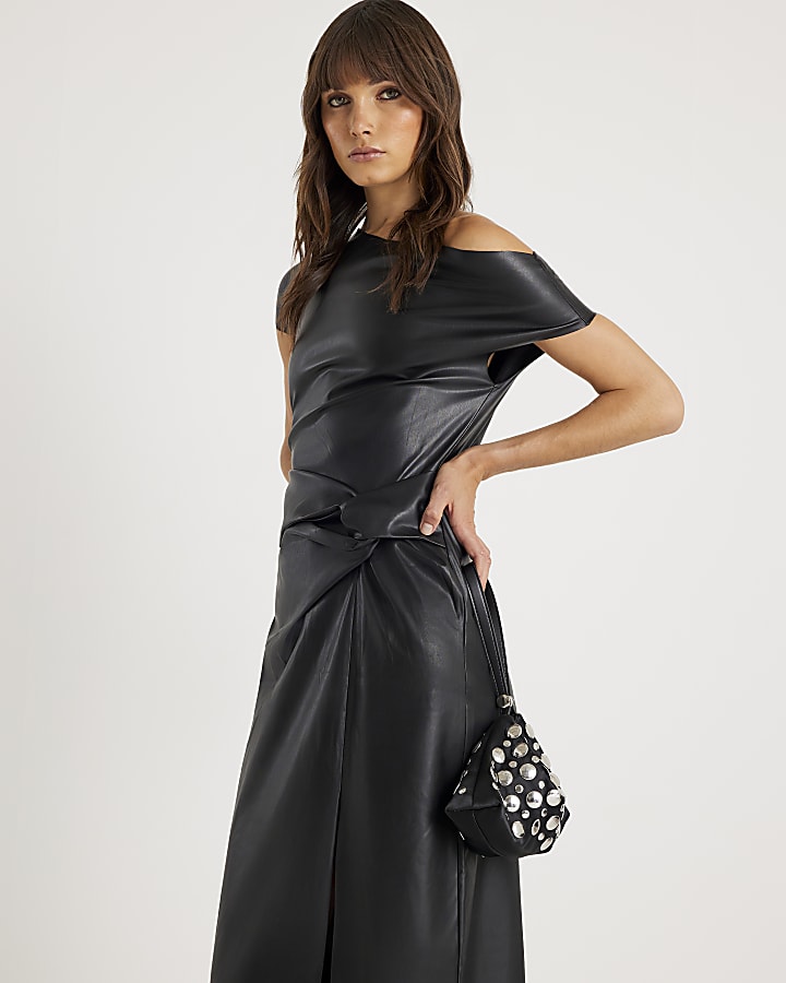 Black Faux Leather Draped Knot Midi Dress