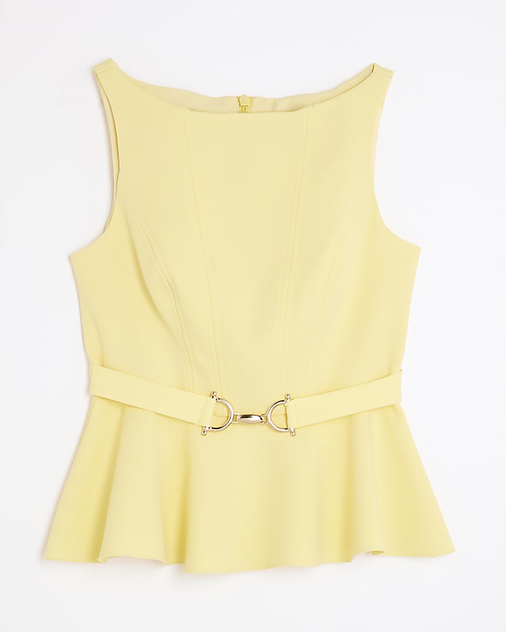 Yellow Sleeveless Belted Peplum Top