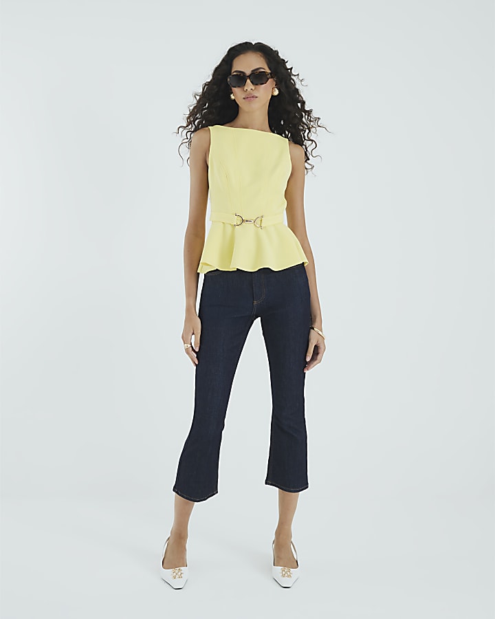 Yellow Sleeveless Belted Peplum Top