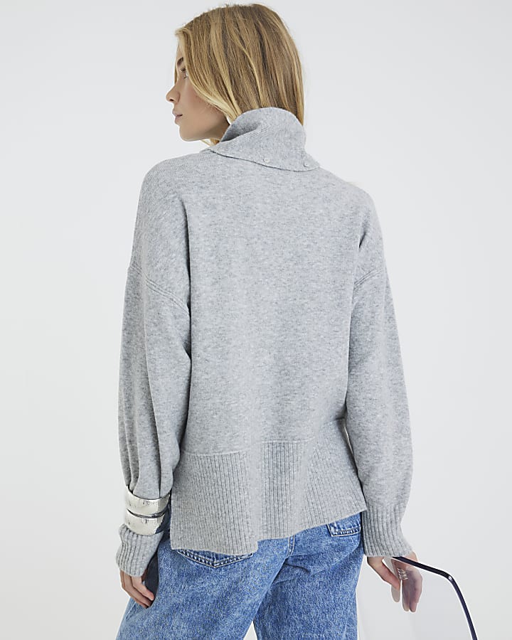 Grey Knitted Neck Tie Jumper