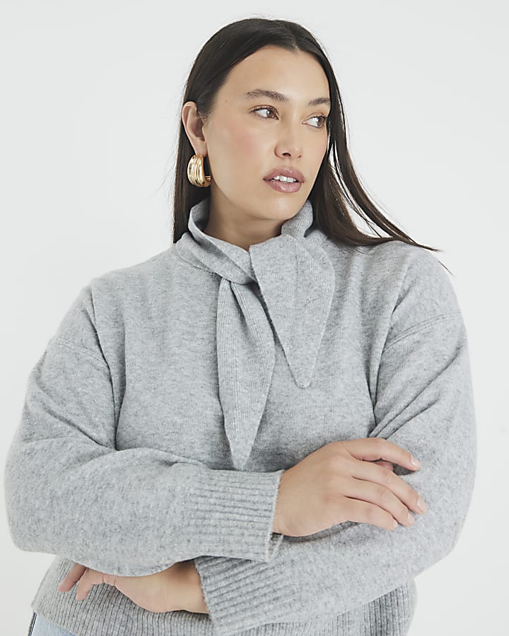 Grey Knitted Neck Tie Jumper
