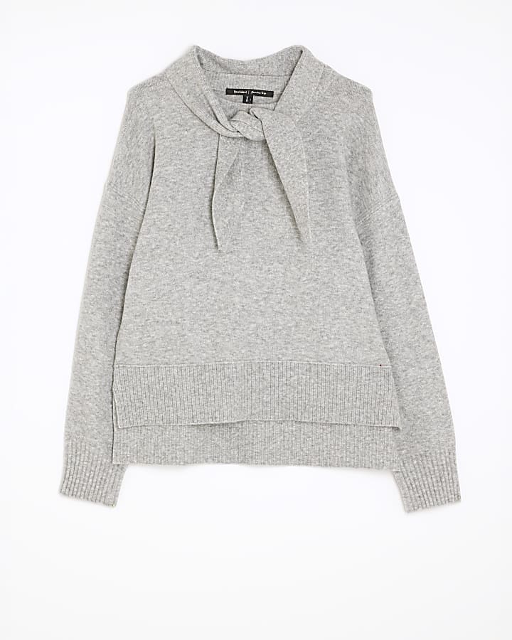 Grey Knitted Neck Tie Jumper