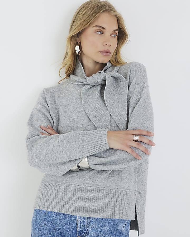 Grey Knitted Neck Tie Jumper