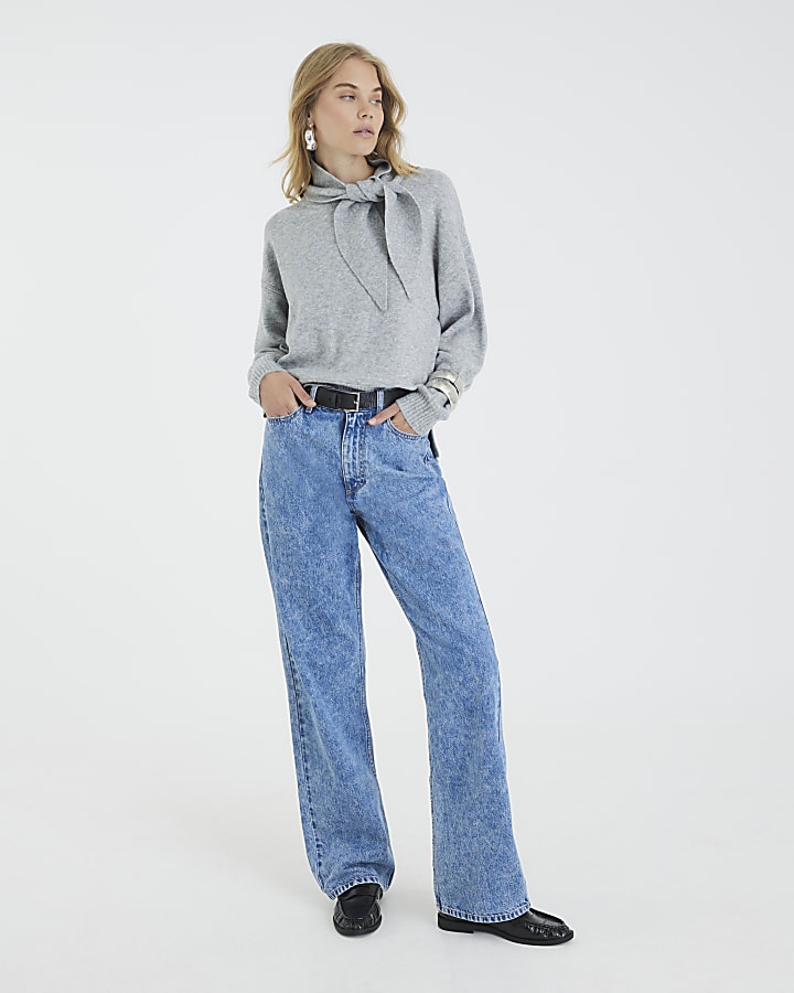Grey Knitted Neck Tie Jumper