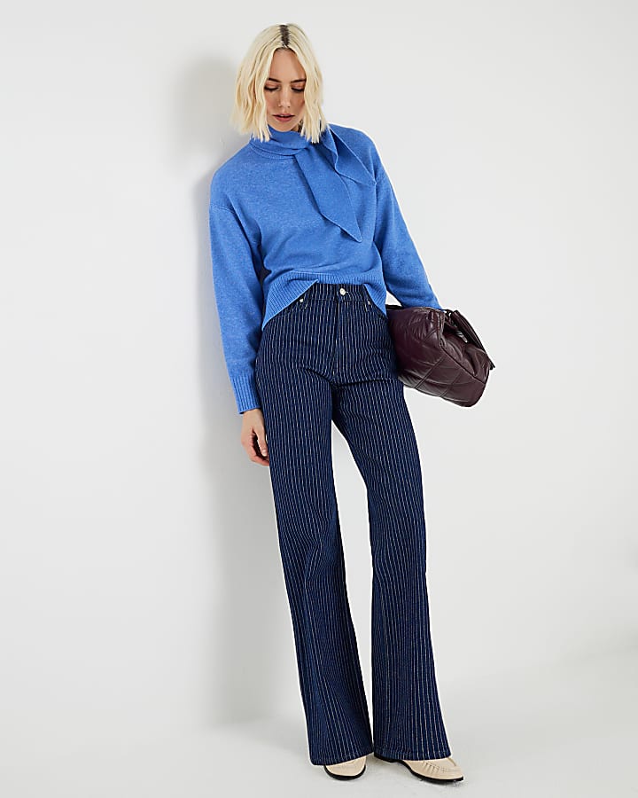 Blue Crew Neck Jumper With Tie