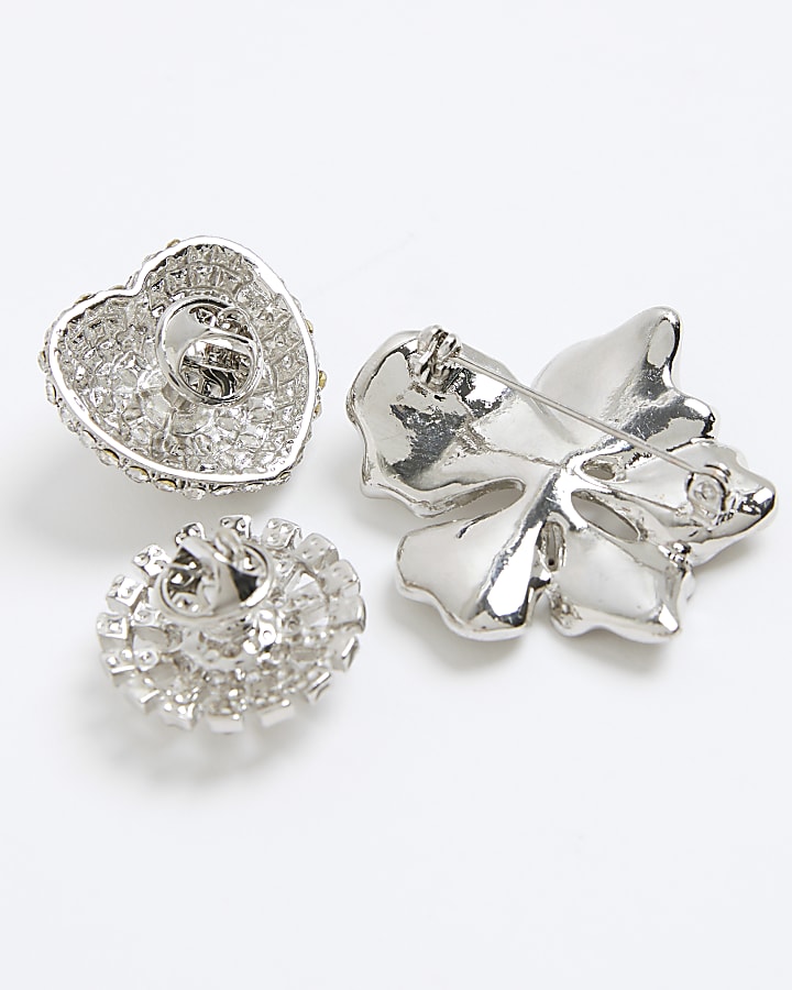 Silver Crystal Brooches Pack Of 3