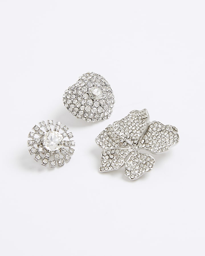 Silver Crystal Brooches Pack Of 3