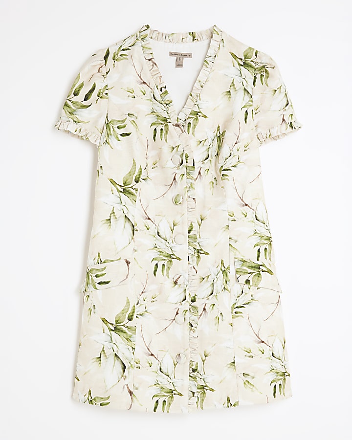 Cream Linen Blend Floral Ruffle Mini Dress