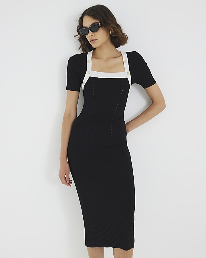 Black Knitted Button Detail Midi Dress