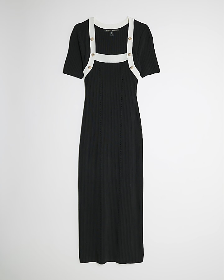 Black Knitted Button Detail Midi Dress