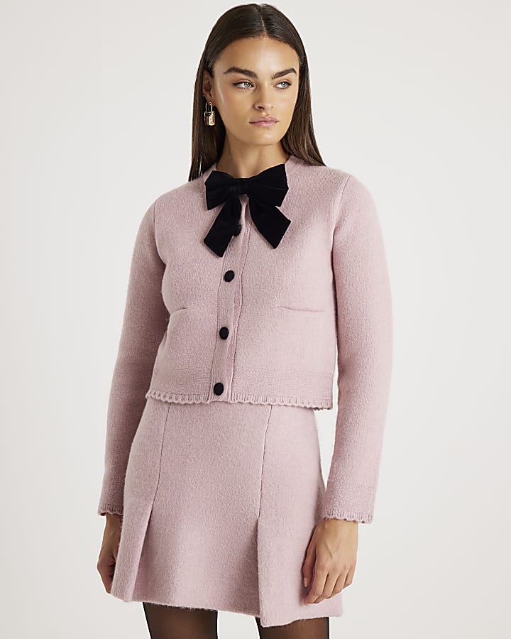 Pink Knitted Bow Front Cardigan