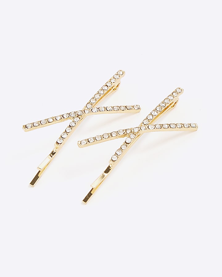 Gold metal diamante Cross hair slides