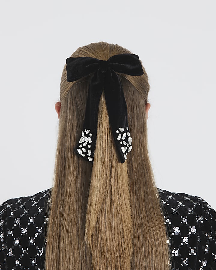 Black Diamante Velvet Bow Hair Clip