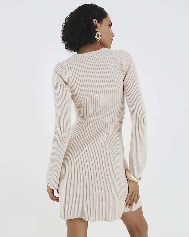 Cream Knitted Long Sleeve Mini Dress