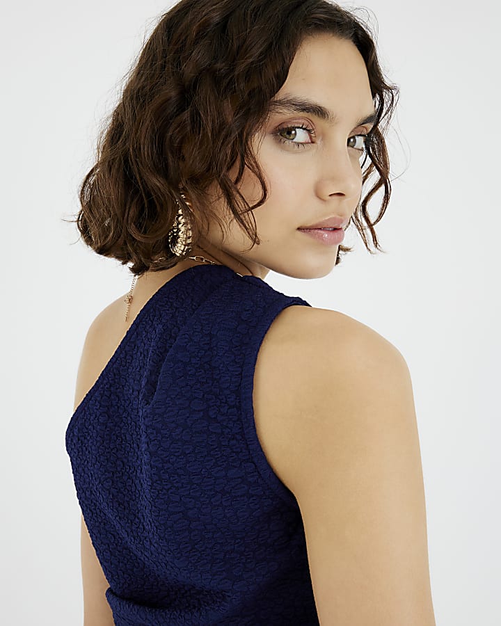 Navy Textured Sleeveless Asymmetric Top
