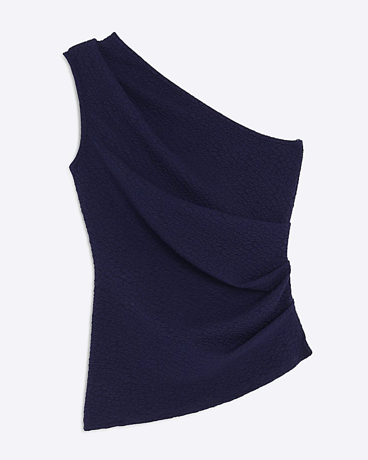 Navy Textured Sleeveless Asymmetric Top