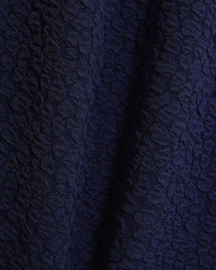 Navy Textured Wide Leg Trousers