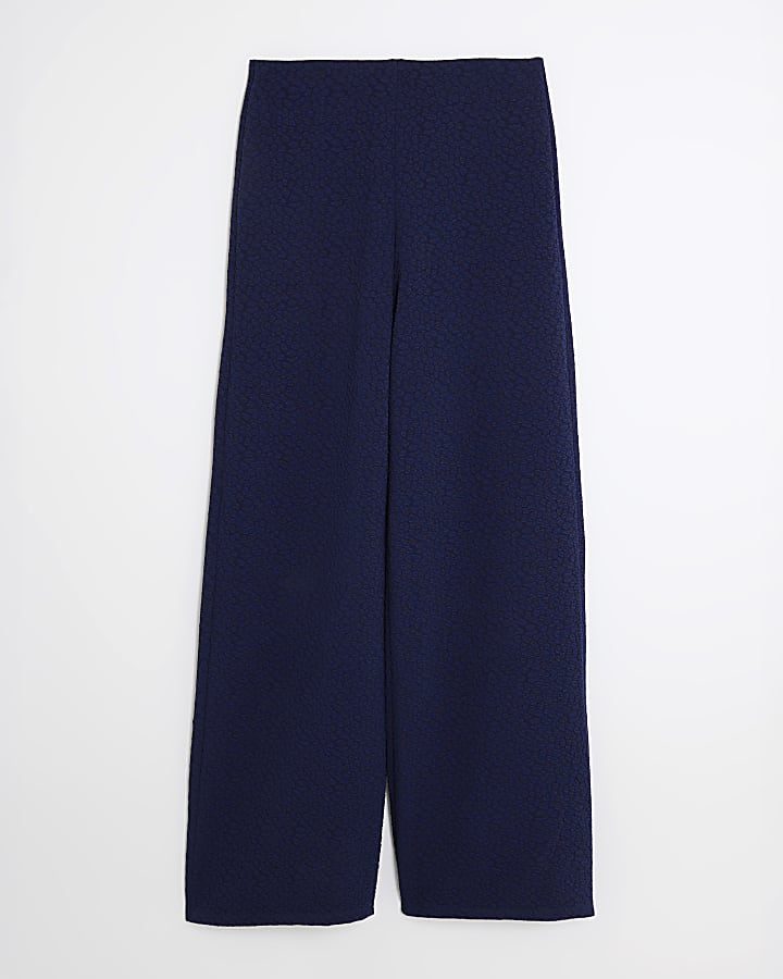 Navy Textured Wide Leg Trousers
