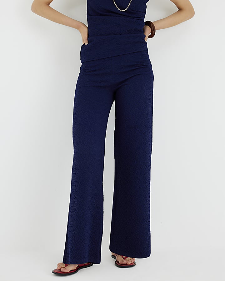 Navy Textured Wide Leg Trousers