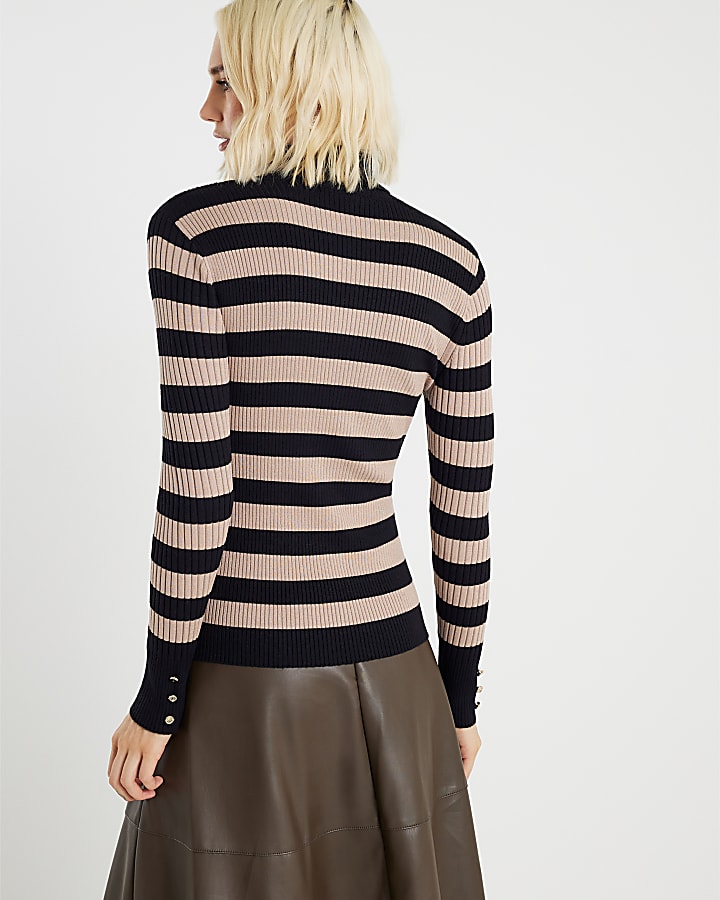 Brown Knitted Stripe Ribbed Roll Neck Top