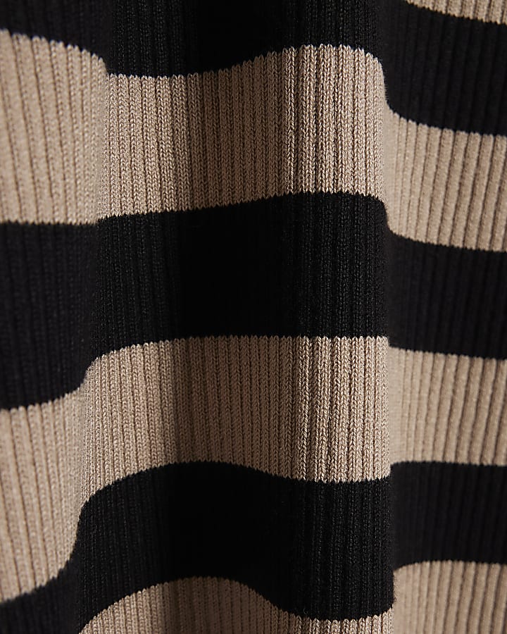 Brown Knitted Stripe Ribbed Roll Neck Top