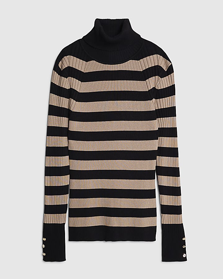 Brown Knitted Stripe Ribbed Roll Neck Top