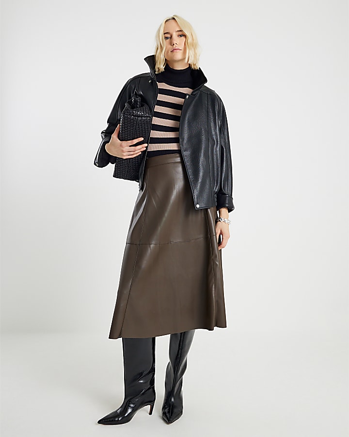 Brown Knitted Stripe Ribbed Roll Neck Top