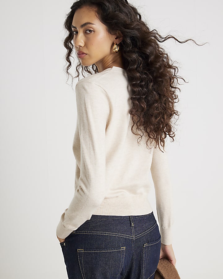 Beige Knitted V Neck Cardigan