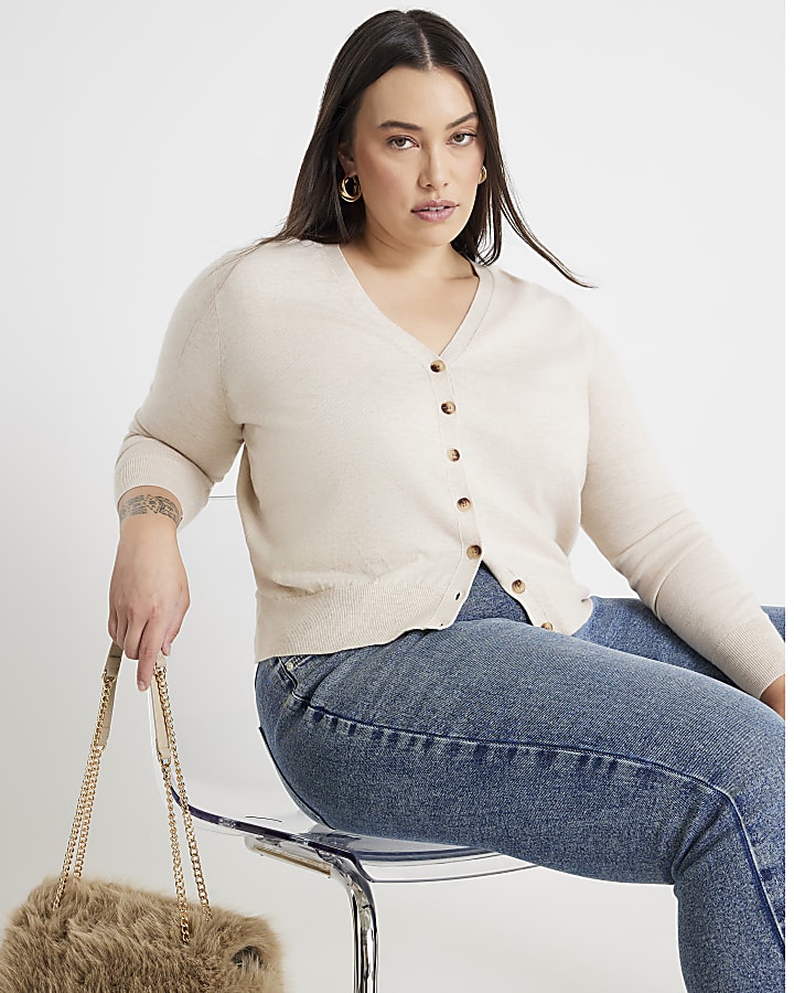 Beige Knitted V Neck Cardigan
