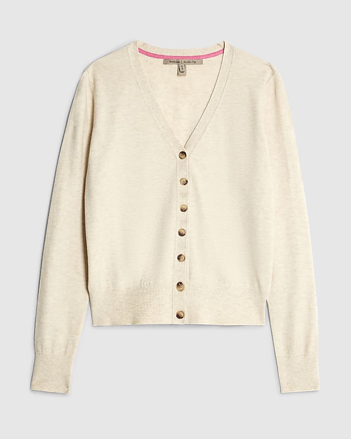Beige Knitted V Neck Cardigan