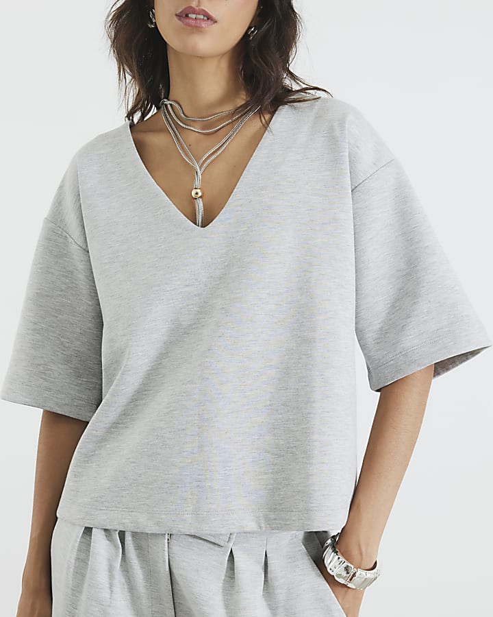 Grey Short Sleeve V Neck T-shirt
