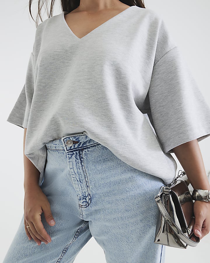 Grey Short Sleeve V Neck T-shirt