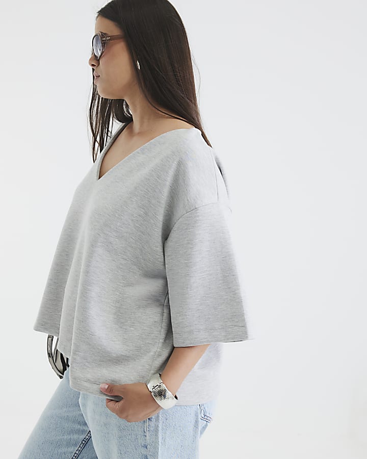 Grey Short Sleeve V Neck T-shirt