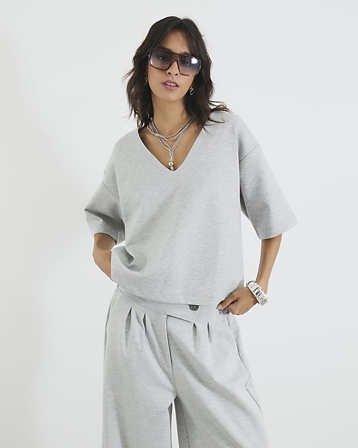 Grey Short Sleeve V Neck T-shirt