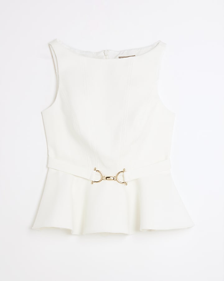 White Sleeveless Belted Peplum Top
